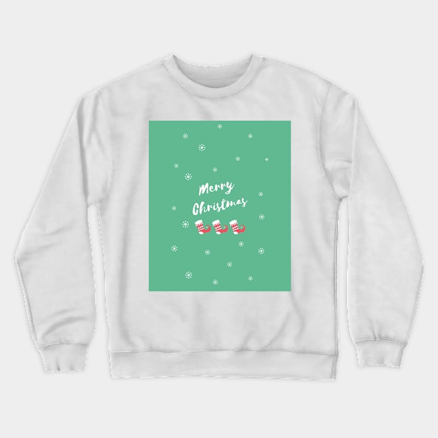 Merry Christmas Elf Shoes and Snowflakes on green Background Crewneck Sweatshirt by Christine aka stine1